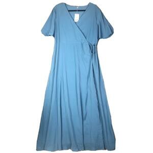 DEEP SELF Women Summer V Neck Short Sleeve Split Wrap Maxi Dress Blue X-Large